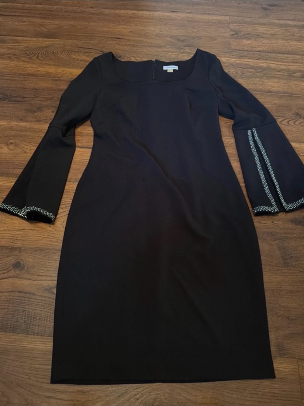 Calvin Klein Black Long-Sleeve Sheath Dress with Beaded Trim